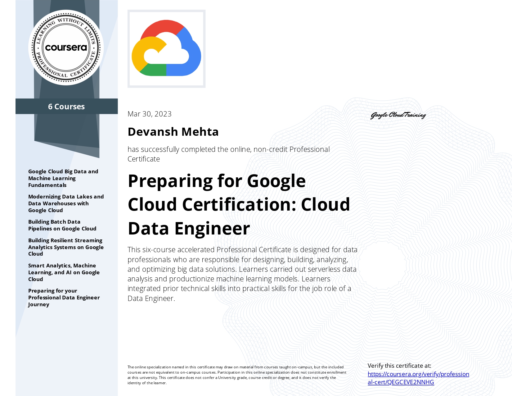 Google Cloud Data Engineer Professional Certificate